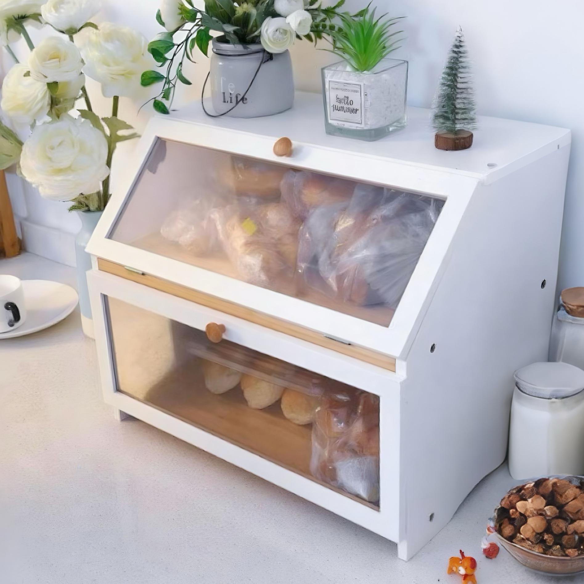 Commercial Kitchen Organization - กล่องเก็บขนมปังสองชั้น HOMEKOKO สำหรับวางบนเคาน์เตอร์ครัว, กล่องเก็บขนมปังไม้ขนาดใหญ่สำหรับเคาน์เตอร์ครัว, ที่เก็บขนมปังสำหรับตกแต่งบ้าน, อุปกรณ์จัดระเบียบครัว,