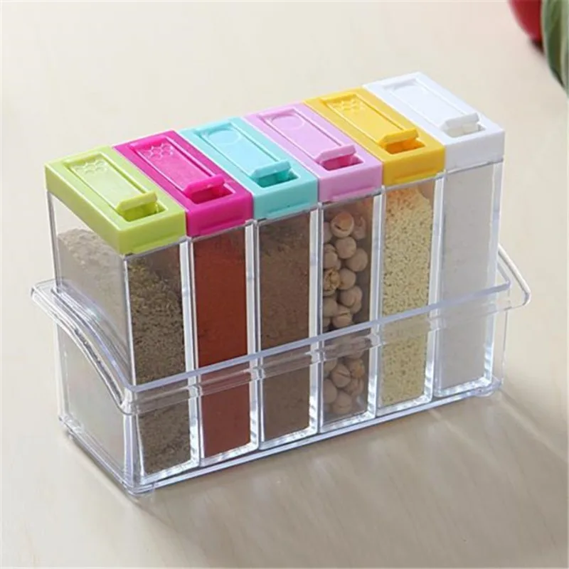 Commercial Kitchen Organization - โปร่งใสเครื่องปรุงรสหกตารางกล่องปรุงรสหกชิ้นชุดอุปกรณ์ครัวขวดพลาสติกเกลือ MSG Seasoning Jar กล่องเก็บ