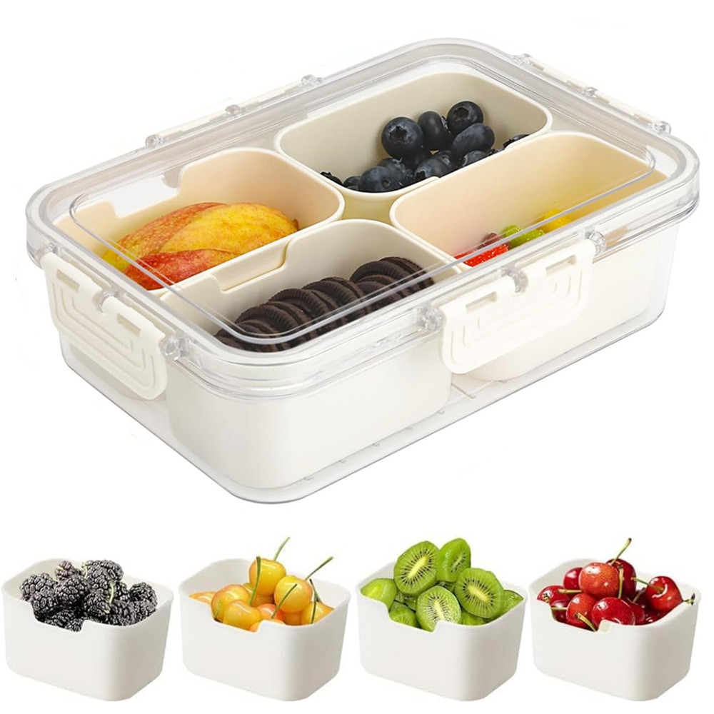 Commercial Kitchen Organization - กล่องเก็บอาหารแบบพกพา, กล่องเก็บขนม, 4 ช่องพร้อมฝาปิด, ถาดแยกสำหรับเสิร์ฟ, กล่องขนมสำหรับครัว,