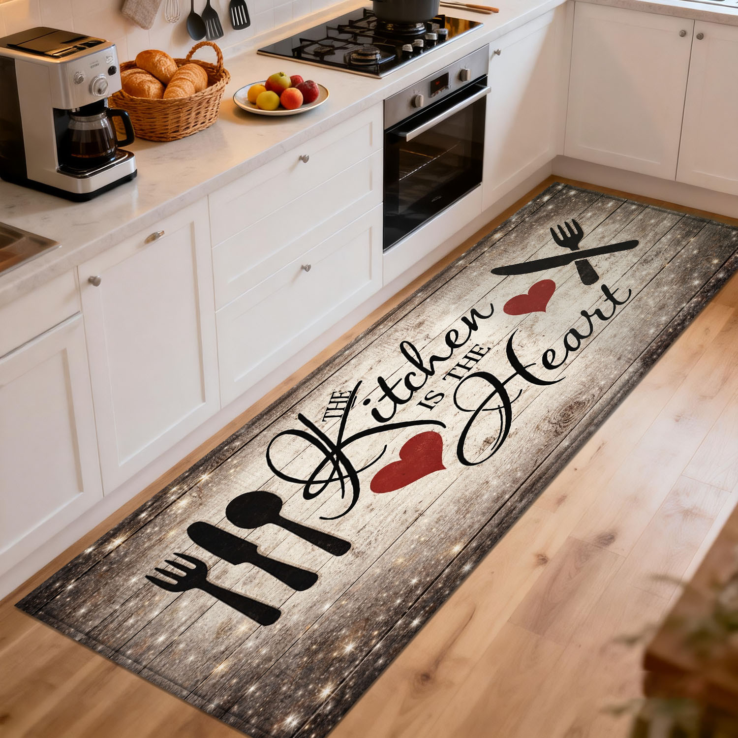 Commercial Kitchen Quotes - พรมปูพื้นลายไม้แบบชนบทสำหรับห้องครัว พร้อมลวดลายอุปกรณ์ครัวและรูปหัวใจ สำหรับตกแต่งพื้นที่ทำอาหารและพื้นที่ภายในบ้าน